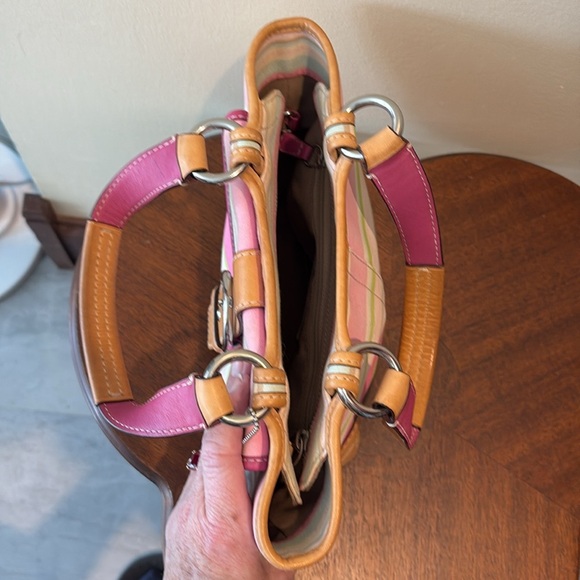 Coach Hampton striped mini bag  Vintage canvas pink green/2 color leather handle - Picture 12 of 15